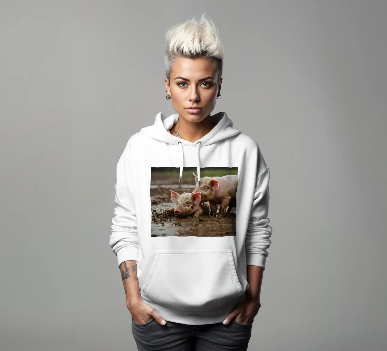 Two playful piglets enjoying muddy ground on a farm hoodie by DesignDoodle