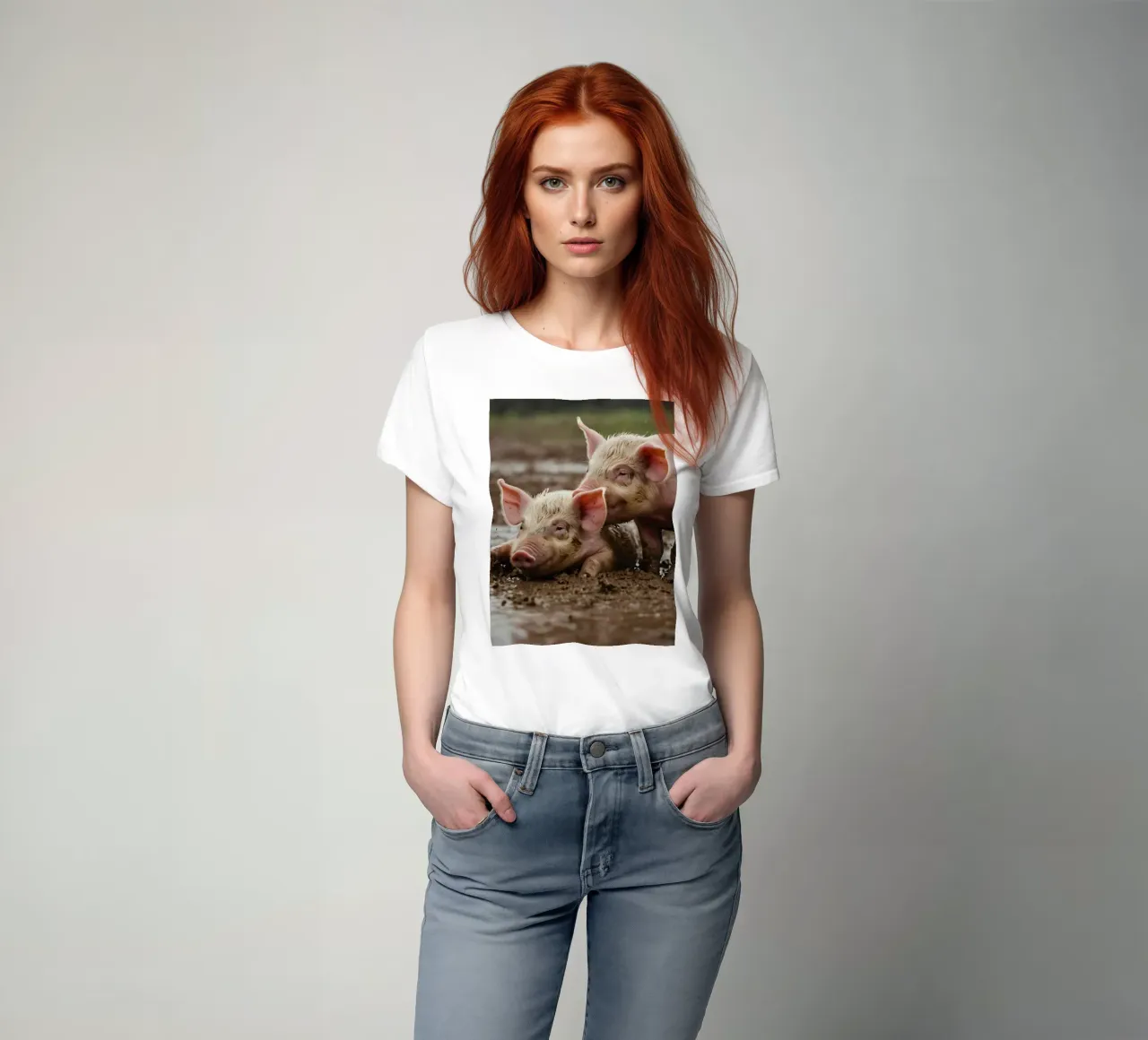 Two playful piglets enjoying muddy ground on a farm t-shirt by DesignDoodle