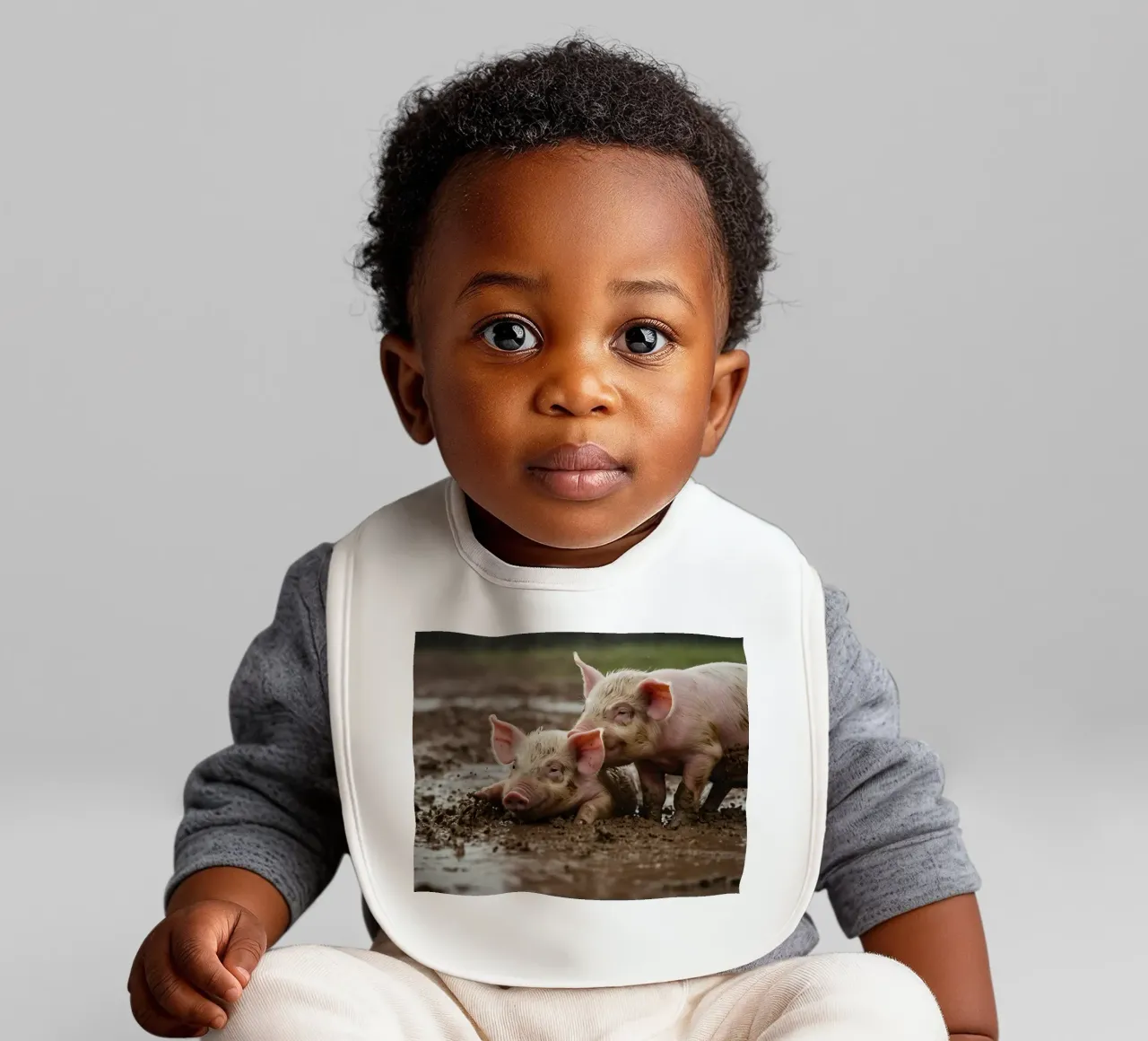 Two playful piglets enjoying muddy ground on a farm baby bib by DesignDoodle