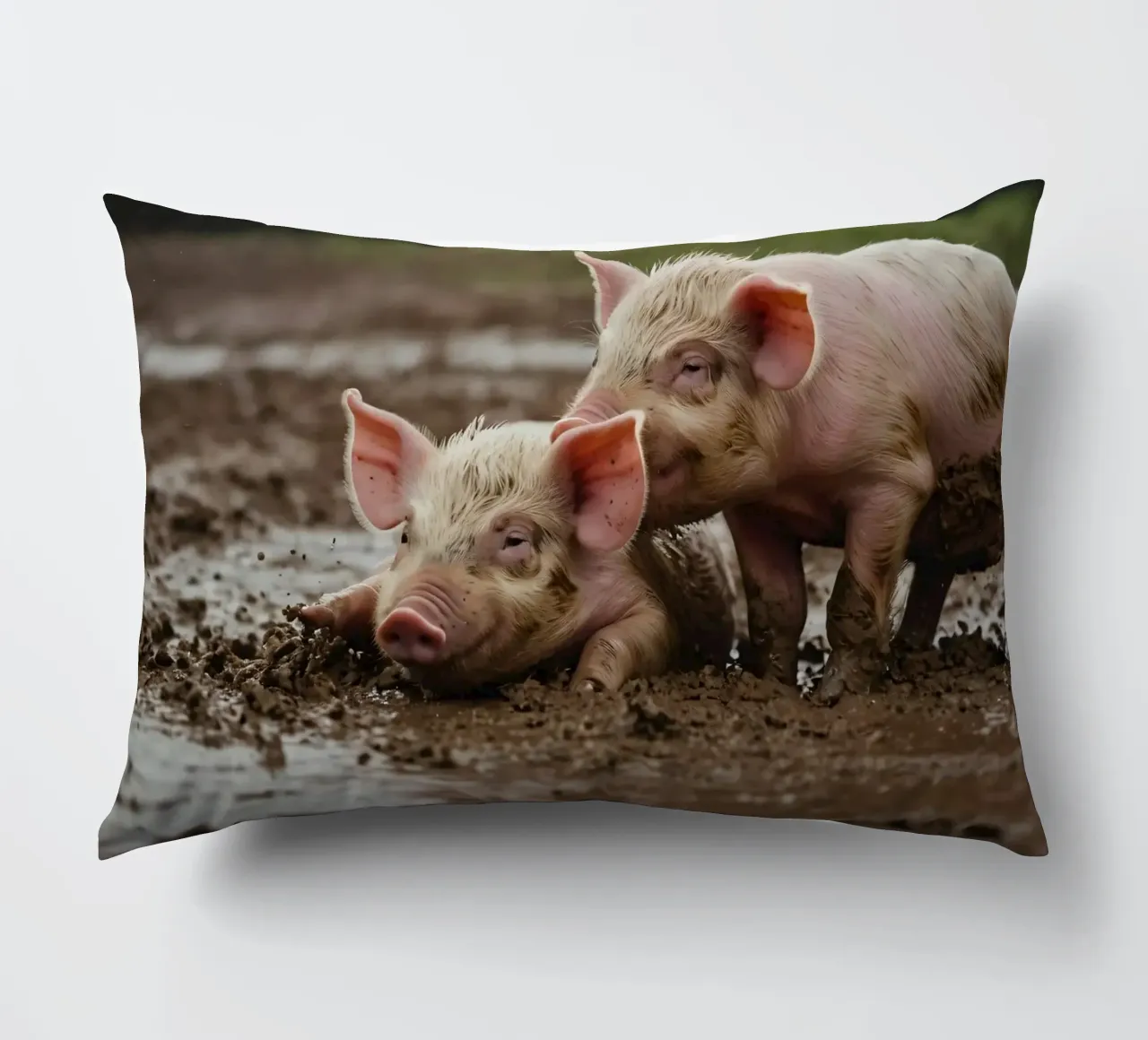 Two playful piglets enjoying muddy ground on a farm decorative cushion by DesignDoodle