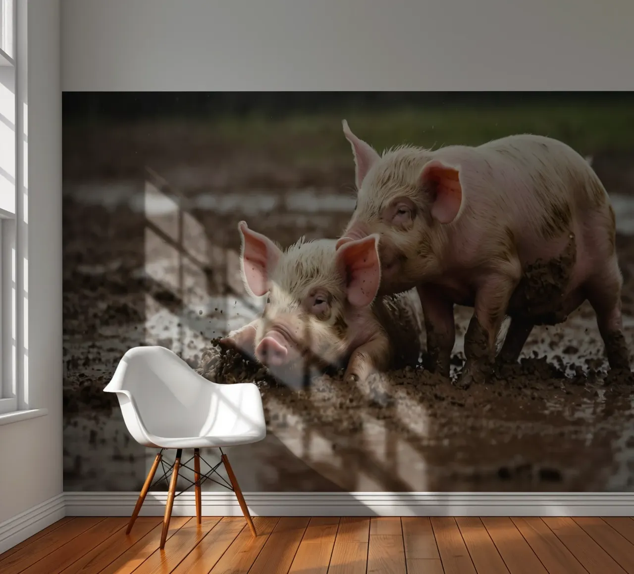 Two playful piglets enjoying muddy ground on a farm photo wallpaper by DesignDoodle