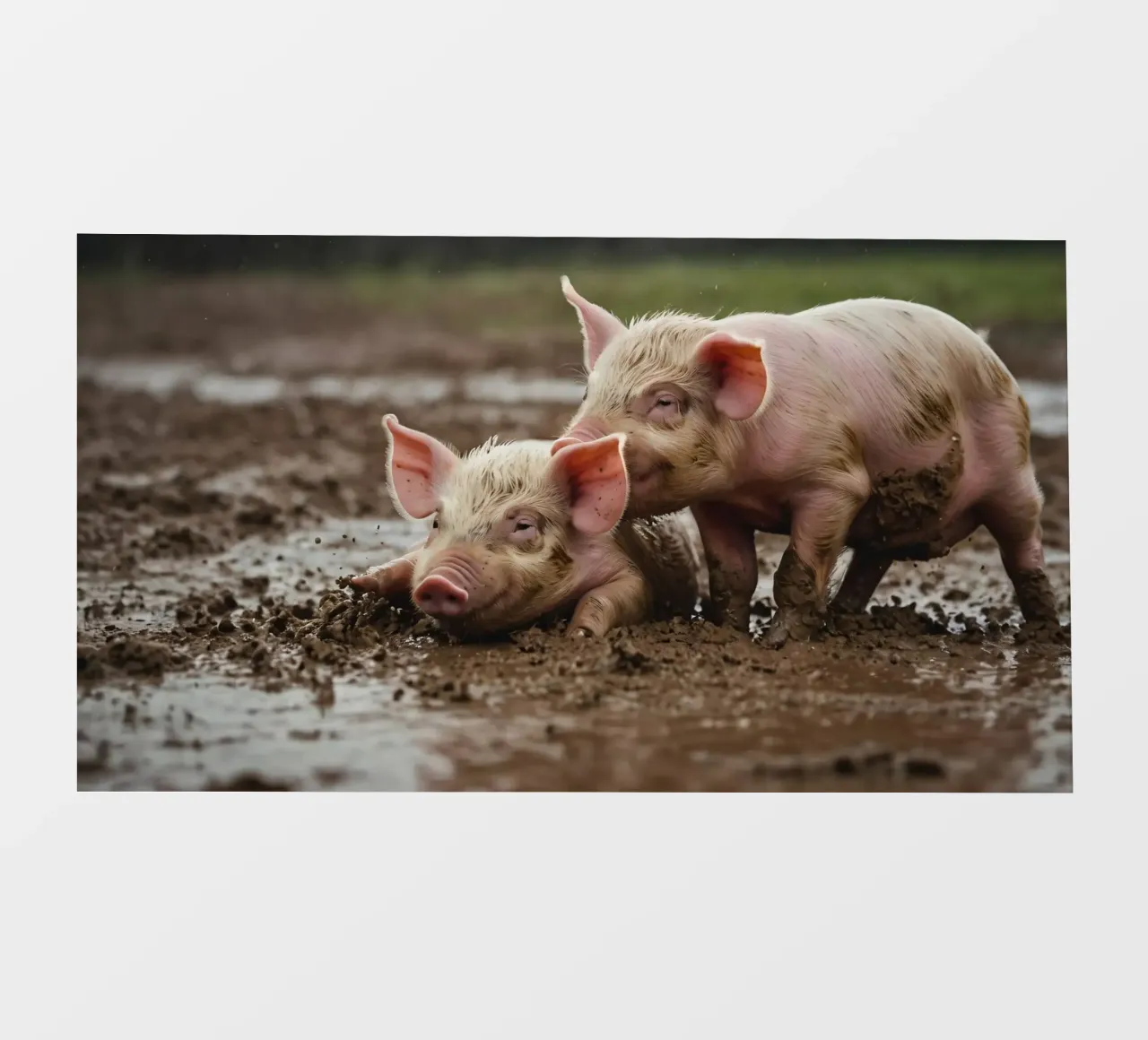 Two playful piglets enjoying muddy ground on a farm photo wallpaper by DesignDoodle