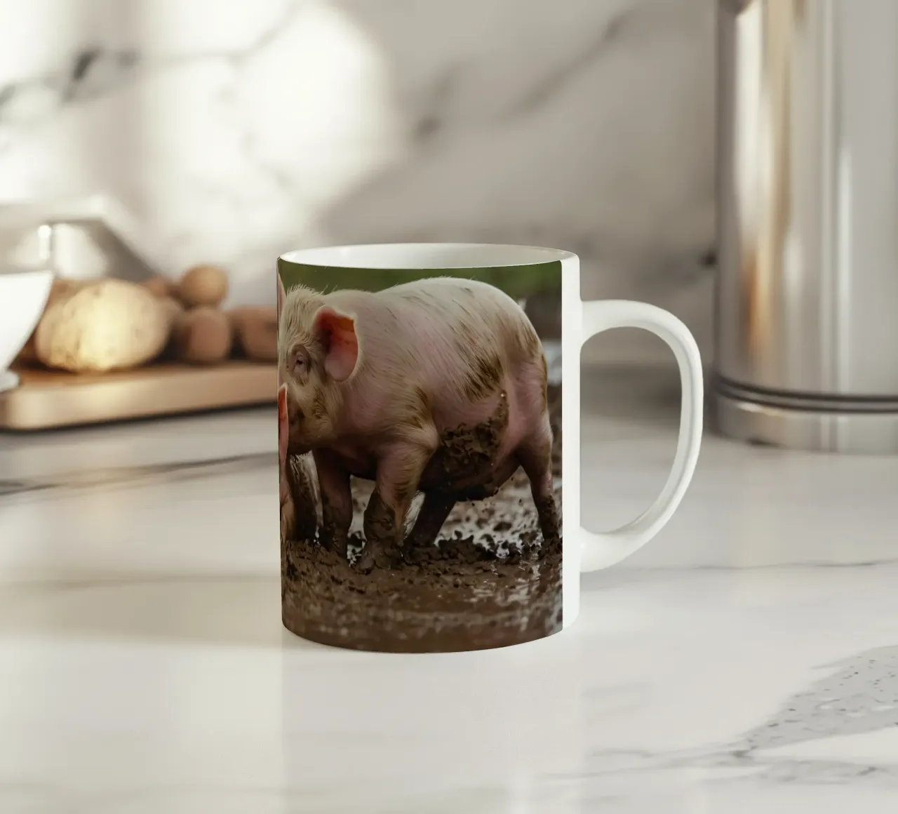 Two playful piglets enjoying muddy ground on a farm ceramic mug by DesignDoodle
