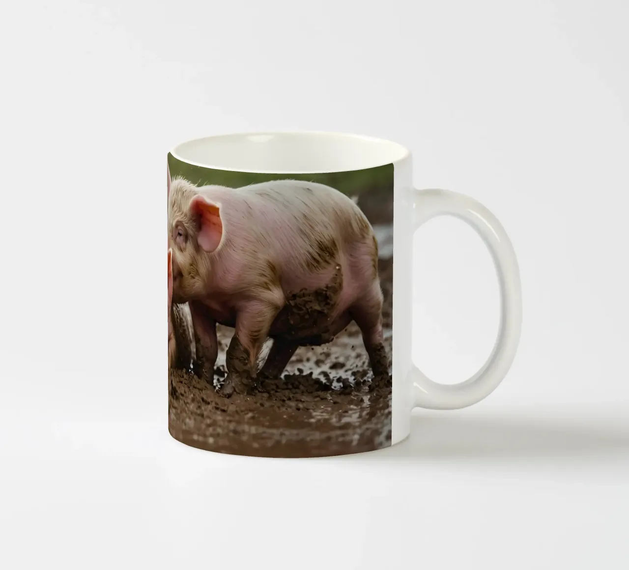 Two playful piglets enjoying muddy ground on a farm ceramic mug by DesignDoodle
