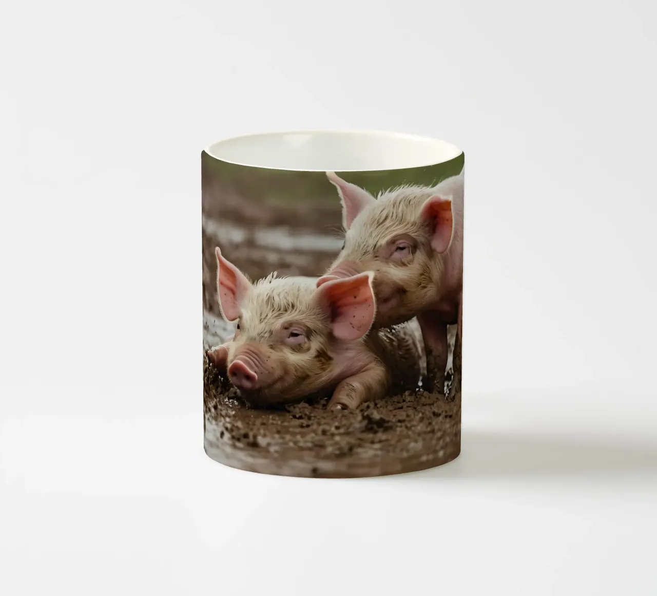 Two playful piglets enjoying muddy ground on a farm ceramic mug by DesignDoodle