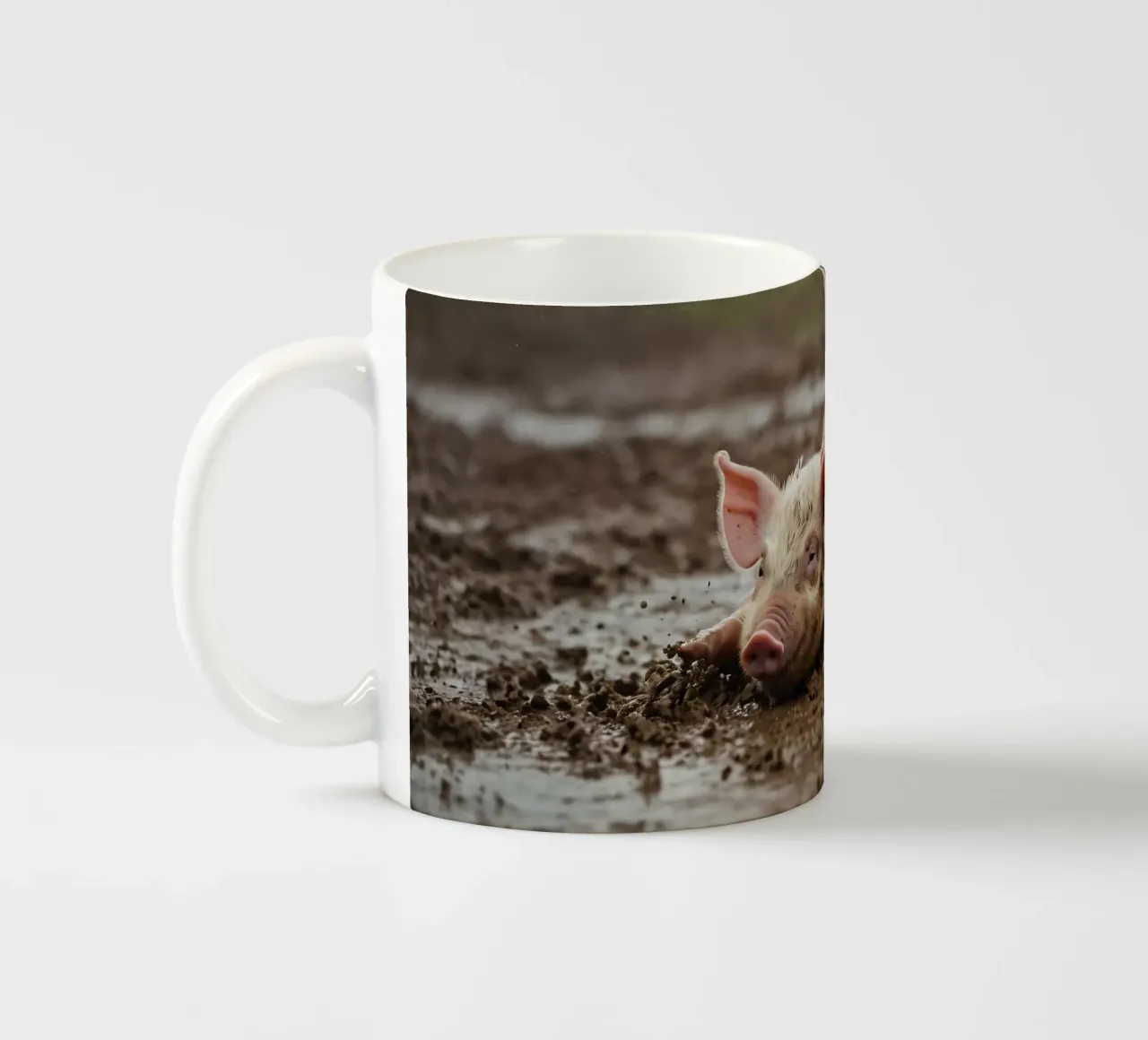 Two playful piglets enjoying muddy ground on a farm ceramic mug by DesignDoodle