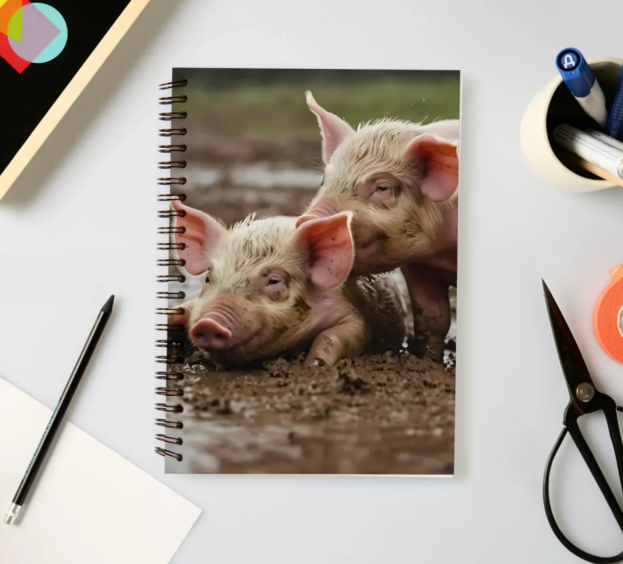 Two playful piglets enjoying muddy ground on a farm spiral notebook by DesignDoodle