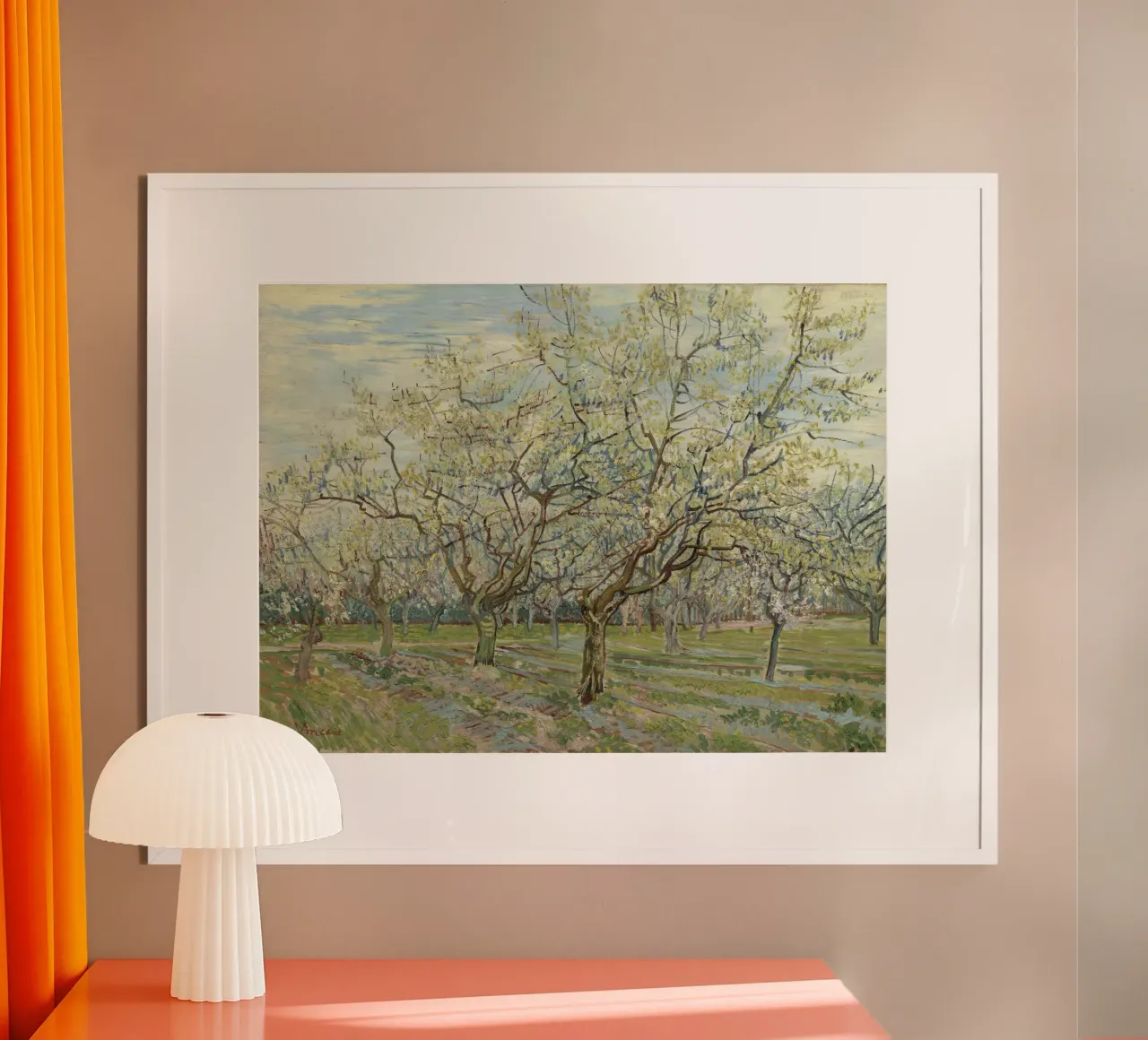 Vincent van Gogh - Frutteto bianco poster con telaio in alluminio da Timeless Artworks