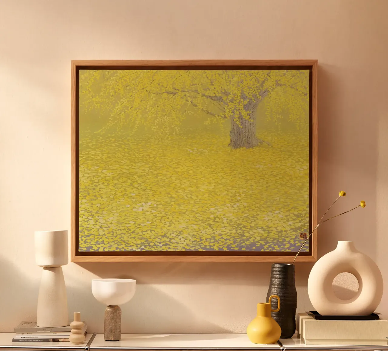 Reverberation of Yellow canvas with Floater frame by Noji-Mikiko