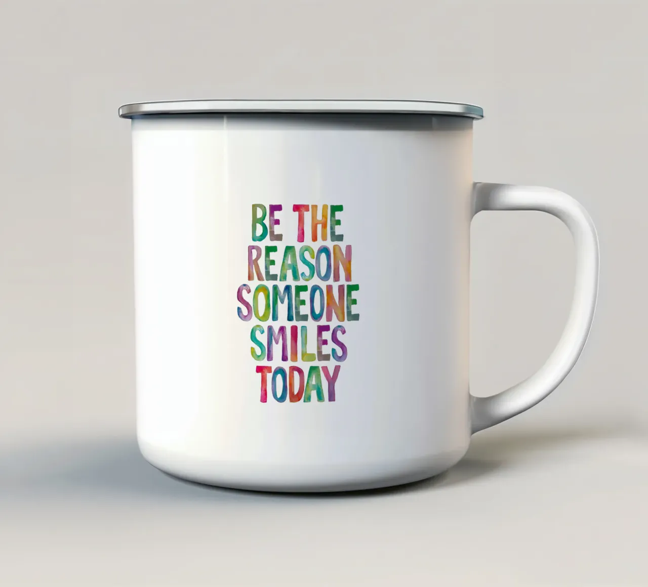 Sii il motivo per cui qualcuno sorride oggi Tipografia arcobaleno tazza in smalto da THE MOTIVATED TYPE