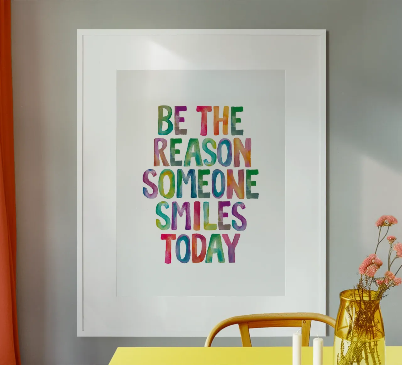 Sii il motivo per cui qualcuno sorride oggi Tipografia arcobaleno poster con telaio in legno da THE MOTIVATED TYPE