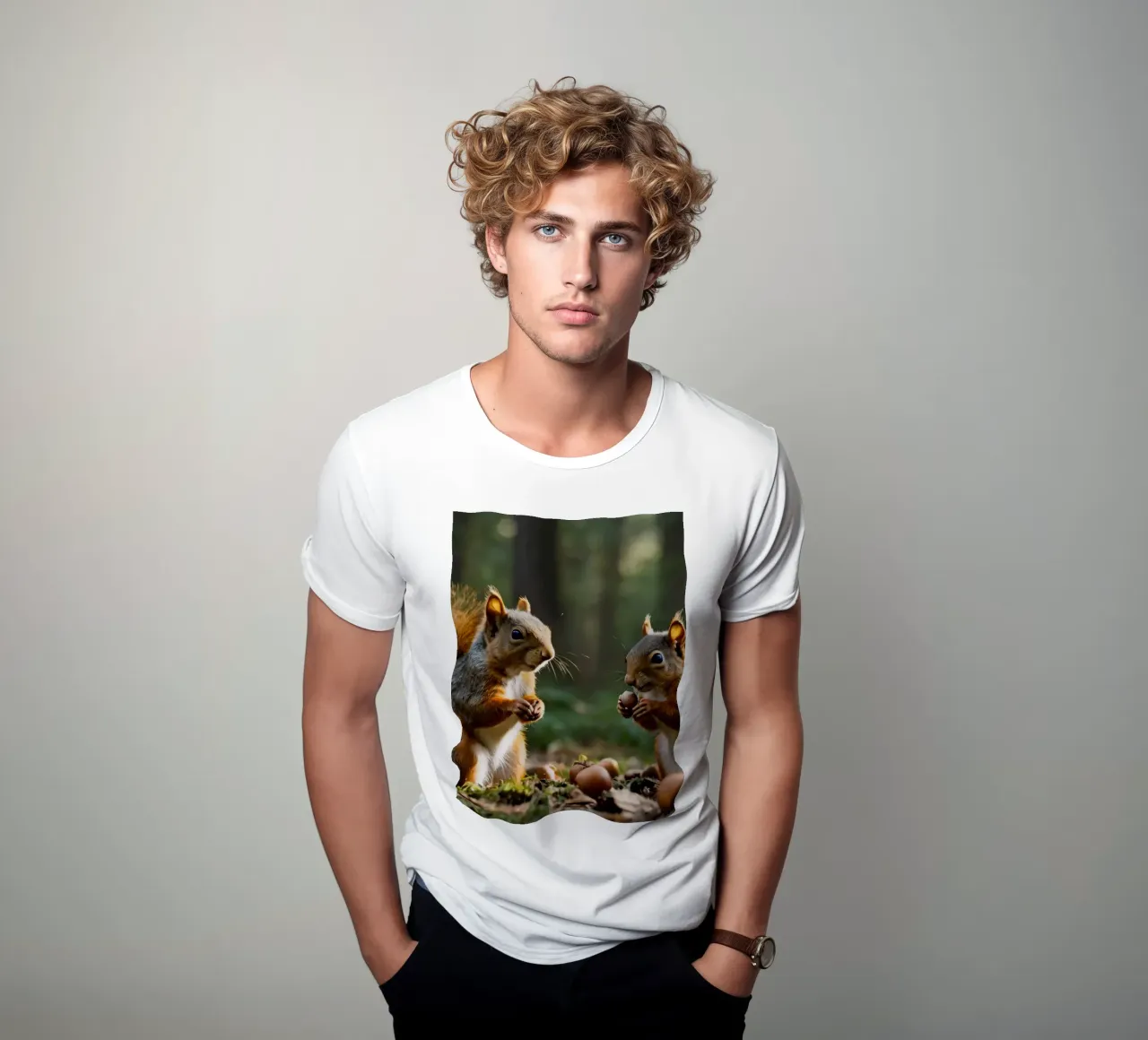 Scoiattoli raccolgono ghiande in una foresta illuminata dal sole t-shirt da DesignDoodle