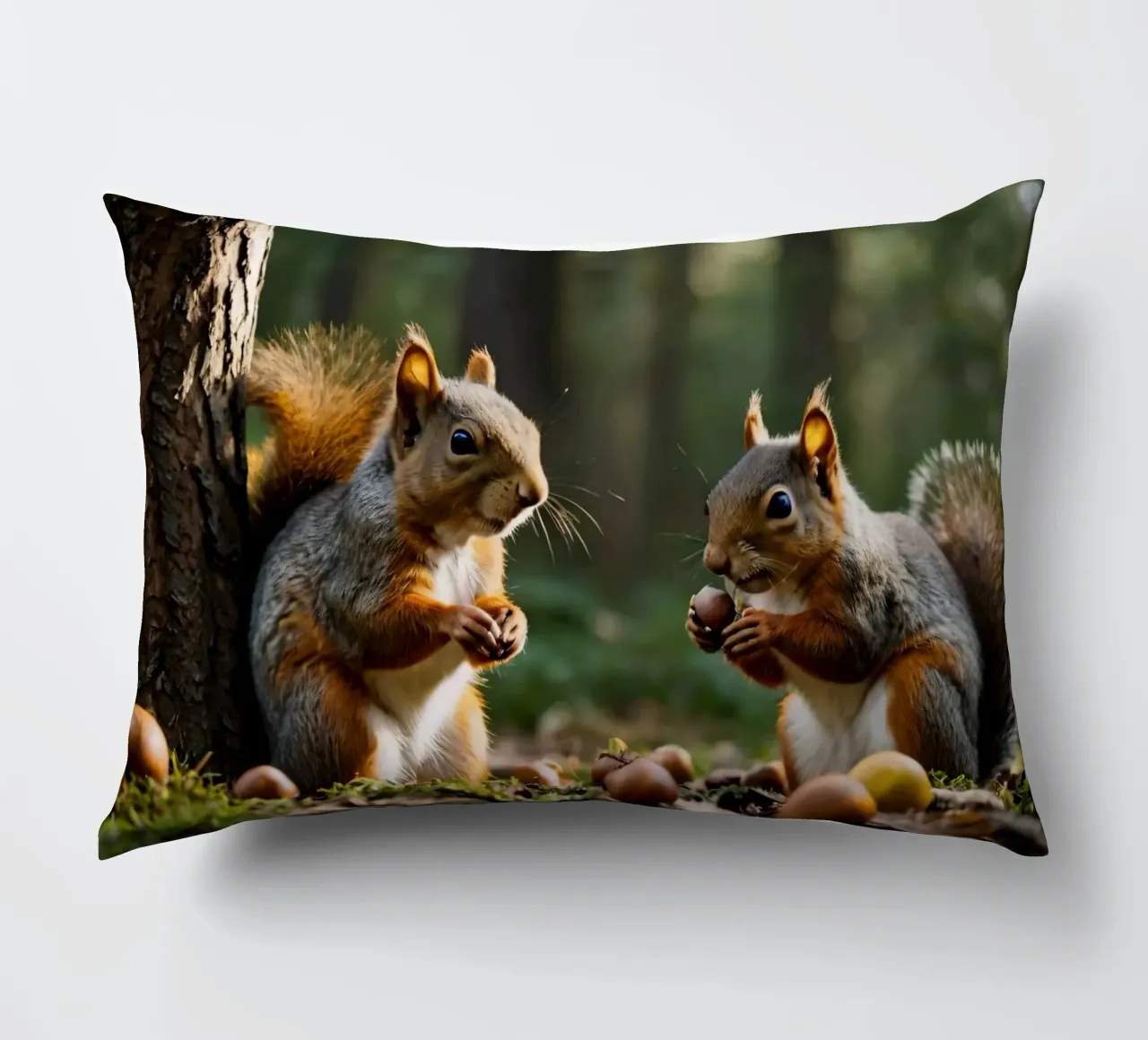 Scoiattoli raccolgono ghiande in una foresta illuminata dal sole cuscino da DesignDoodle