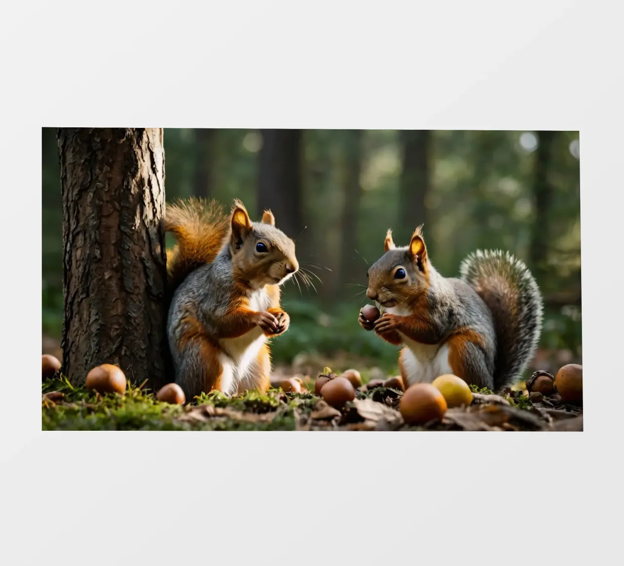 Scoiattoli raccolgono ghiande in una foresta illuminata dal sole pellicola backlit da DesignDoodle