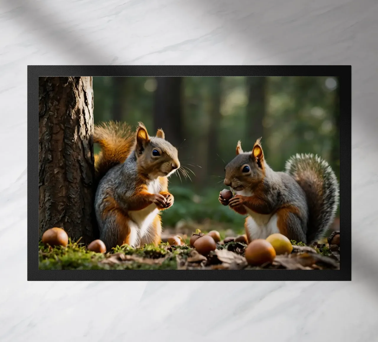 Scoiattoli raccolgono ghiande in una foresta illuminata dal sole zerbino da DesignDoodle