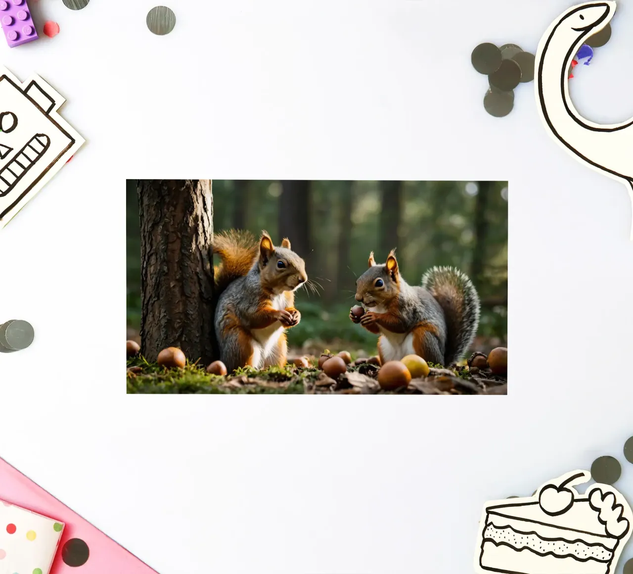 Scoiattoli raccolgono ghiande in una foresta illuminata dal sole adesivo da DesignDoodle