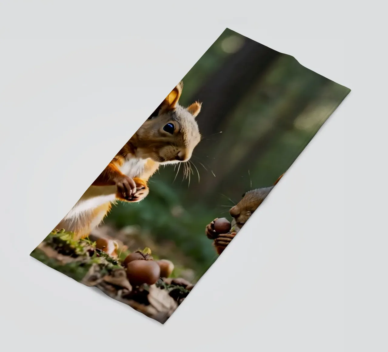 Scoiattoli raccolgono ghiande in una foresta illuminata dal sole telo mare da DesignDoodle