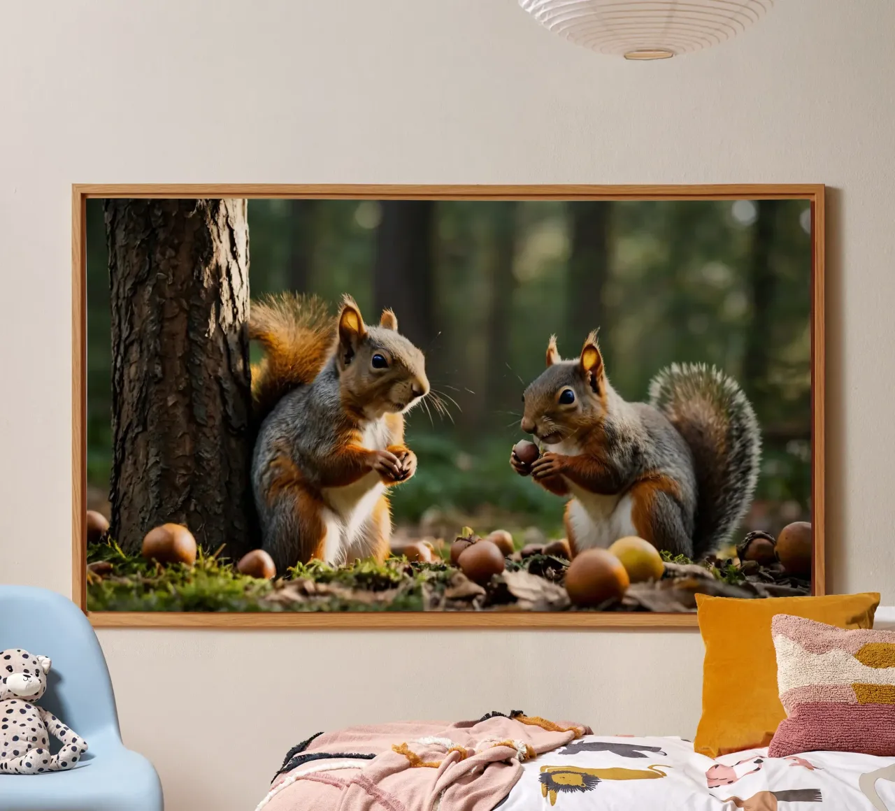 Scoiattoli raccolgono ghiande in una foresta illuminata dal sole alluminio dibond da DesignDoodle