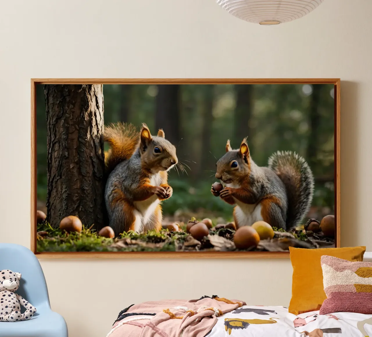 Scoiattoli raccolgono ghiande in una foresta illuminata dal sole tela con Cornice a cassetta da DesignDoodle