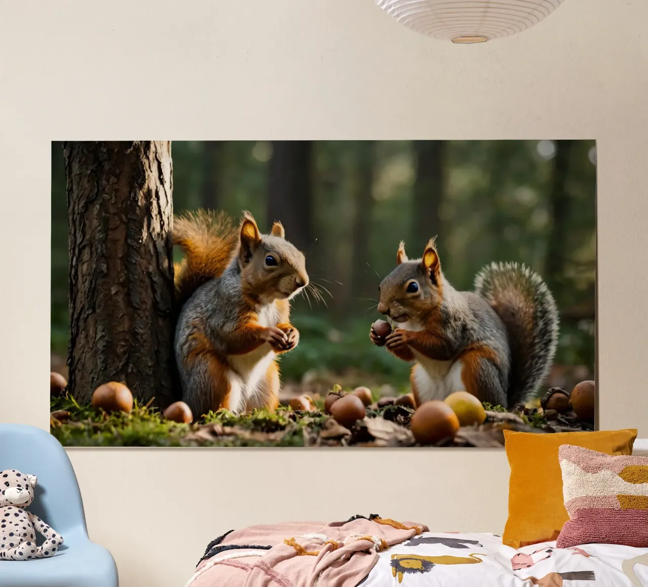 Scoiattoli raccolgono ghiande in una foresta illuminata dal sole carta hahnemühle da DesignDoodle