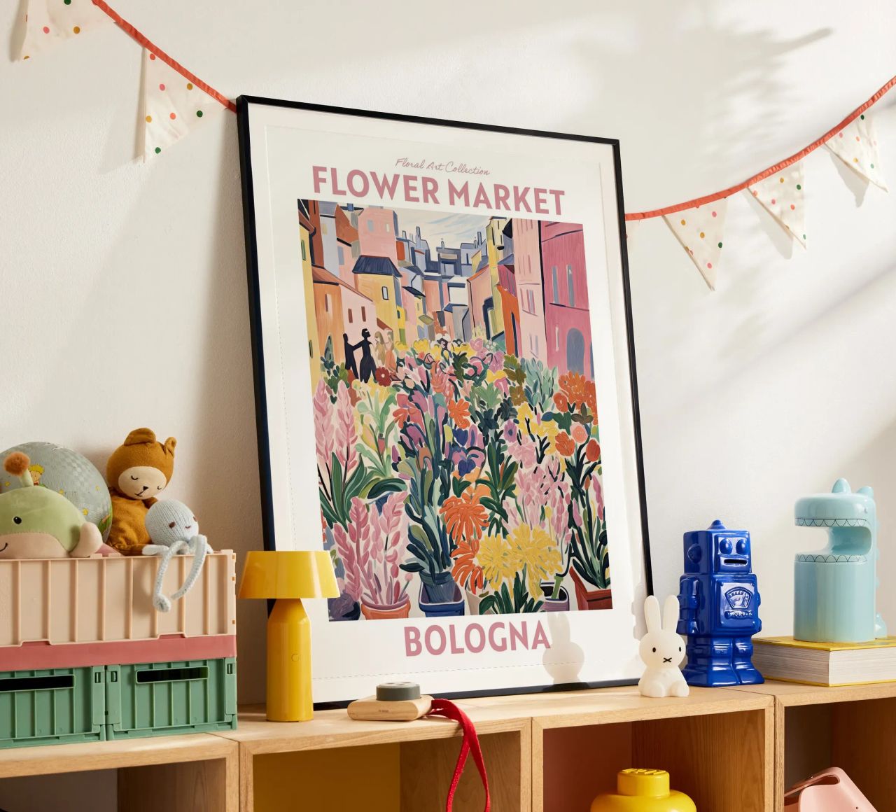 Bloemenmarkt, Bologna, Italië, Reizen botanisch poster van Peaches Art Prints