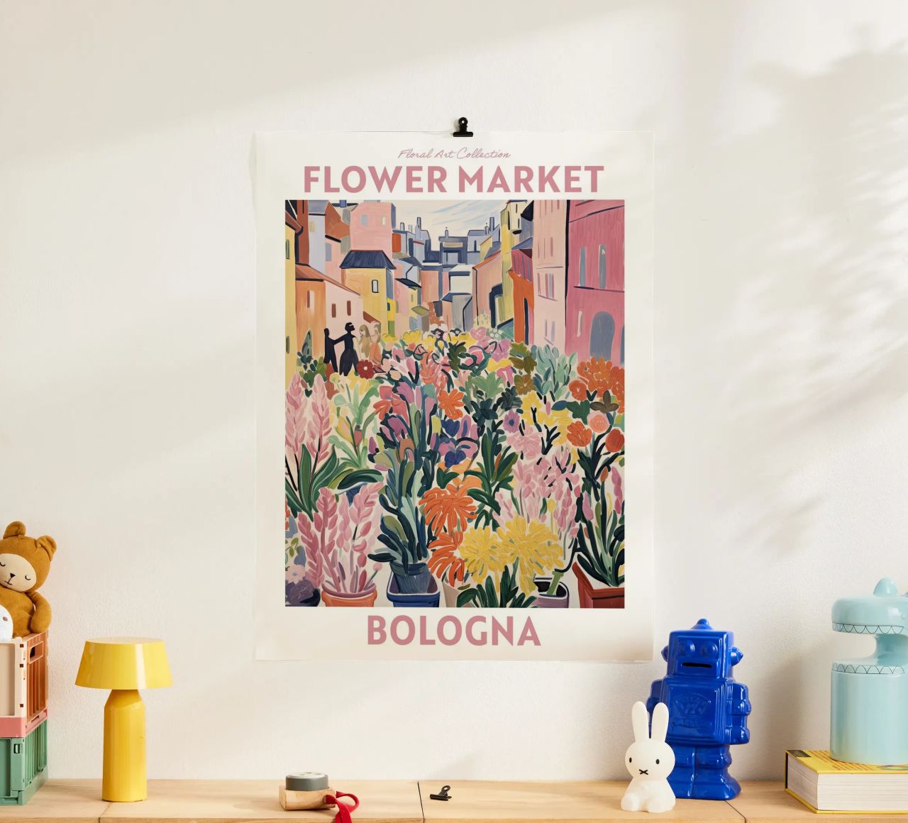 Bloemenmarkt, Bologna, Italië, Reizen botanisch poster van Peaches Art Prints
