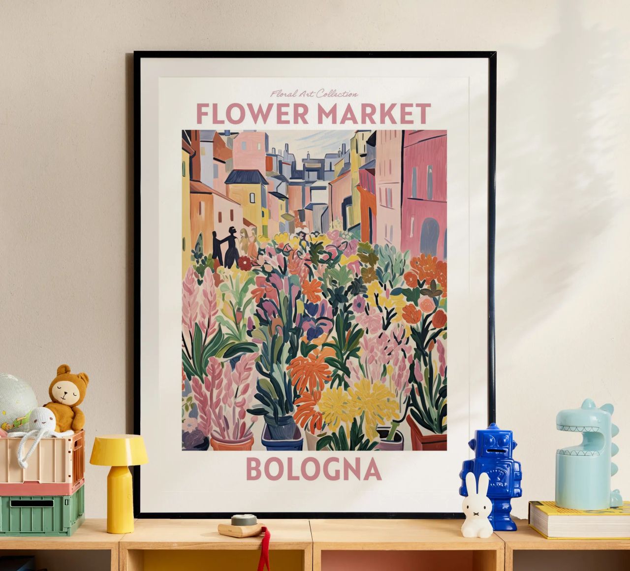 Bloemenmarkt, Bologna, Italië, Reizen botanisch poster van Peaches Art Prints