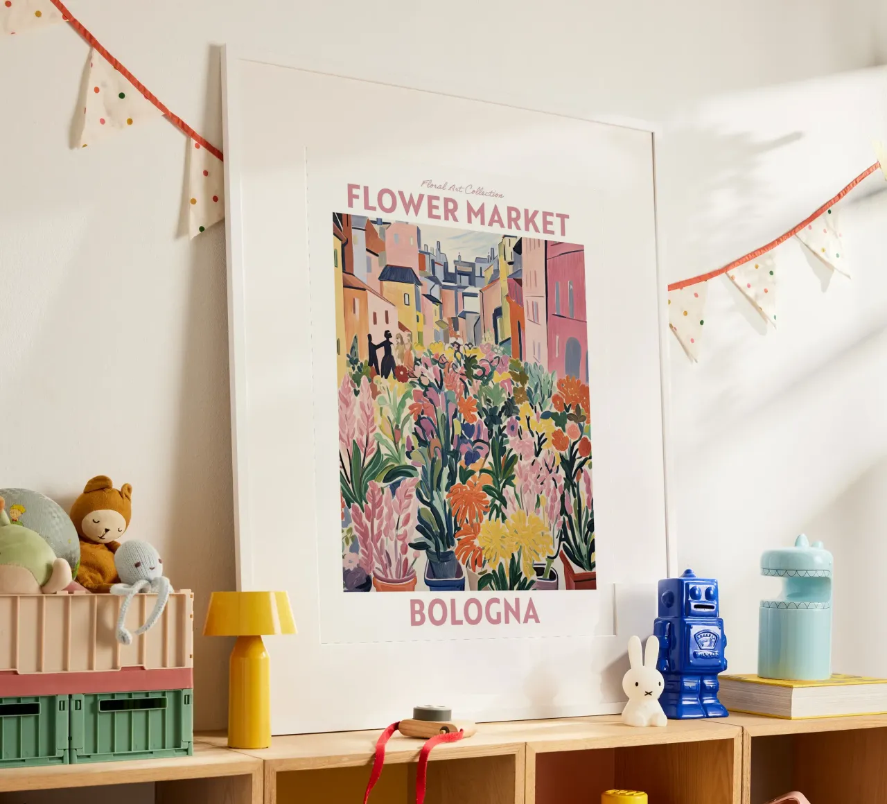 Mercato dei fiori, Bologna, Italia, Viaggio Botanico poster con telaio in legno da Peaches Art Prints