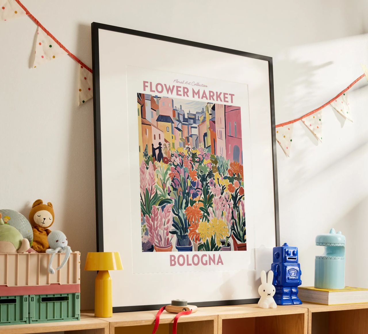 Bloemenmarkt, Bologna, Italië, Reizen botanisch poster van Peaches Art Prints
