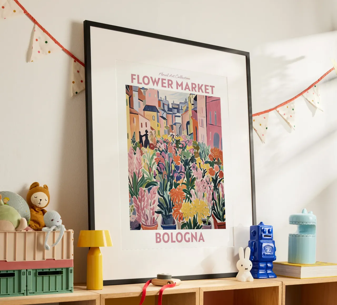Mercato dei fiori, Bologna, Italia, Viaggio Botanico poster con telaio in legno da Peaches Art Prints