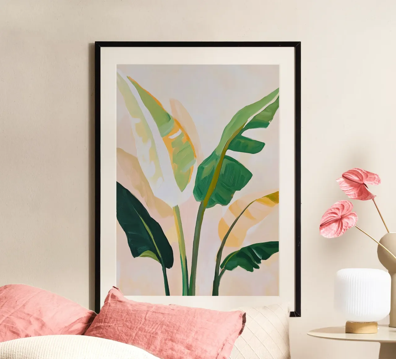 Botanico Minimalista Beige Verde Fauvista poster con telaio in legno da Euphoria Theresa