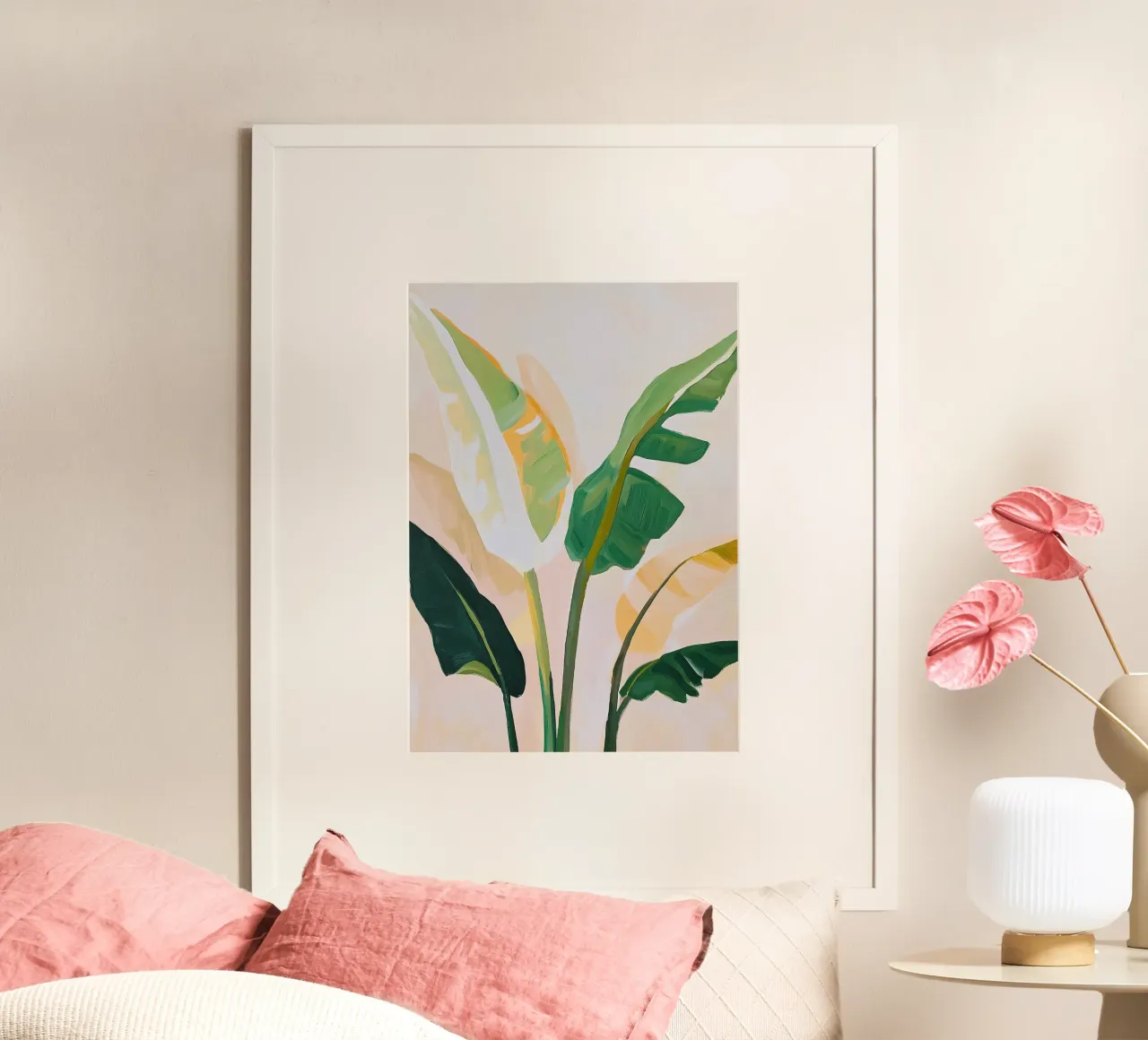 Botanico Minimalista Beige Verde Fauvista poster con telaio in legno da Euphoria Theresa