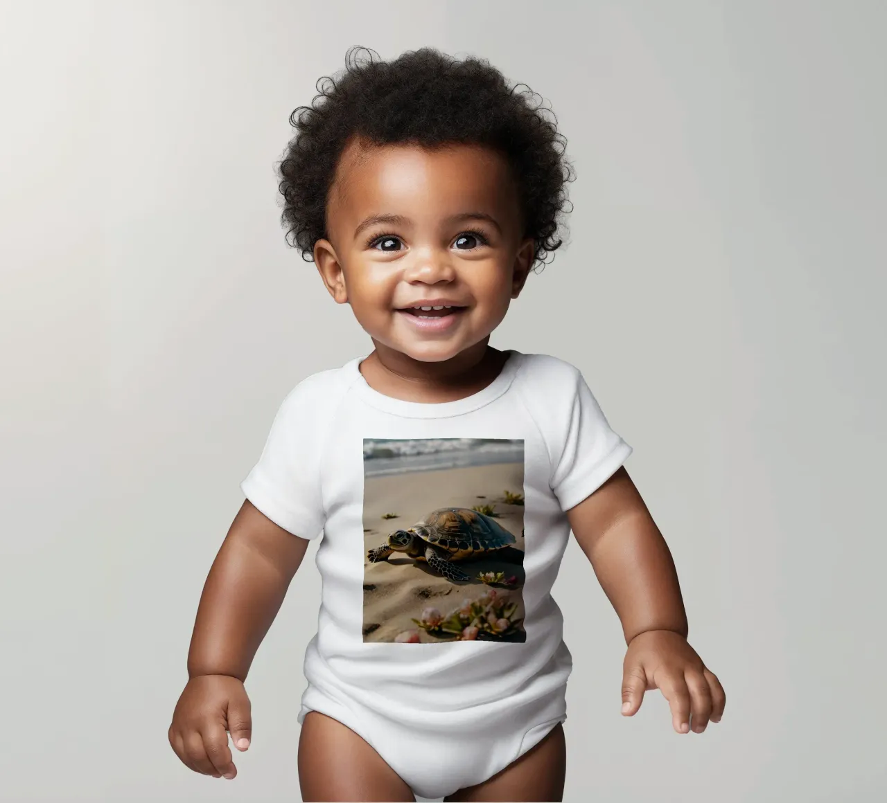 Tartarughe che si dirigono verso l'oceano su una spiaggia assolata body neonato maniche corte da DesignDoodle