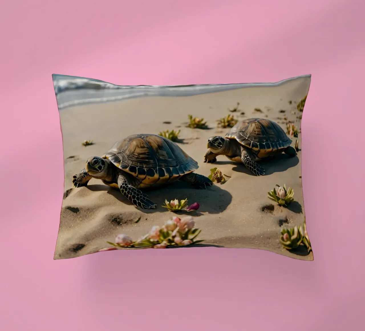 Tartarughe che si dirigono verso l'oceano su una spiaggia assolata cuscino da DesignDoodle