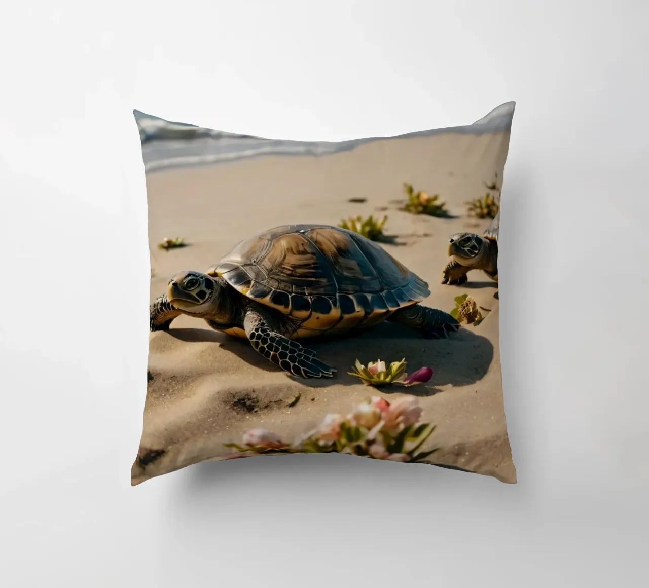 Tartarughe che si dirigono verso l'oceano su una spiaggia assolata cuscino da DesignDoodle