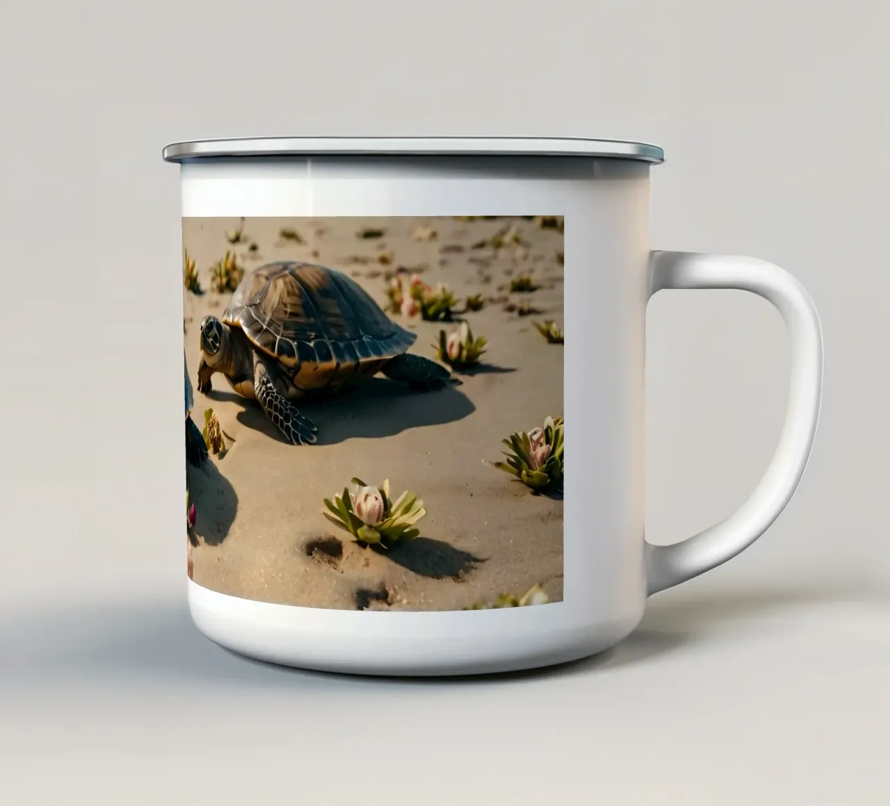 Tartarughe che si dirigono verso l'oceano su una spiaggia assolata tazza in smalto da DesignDoodle