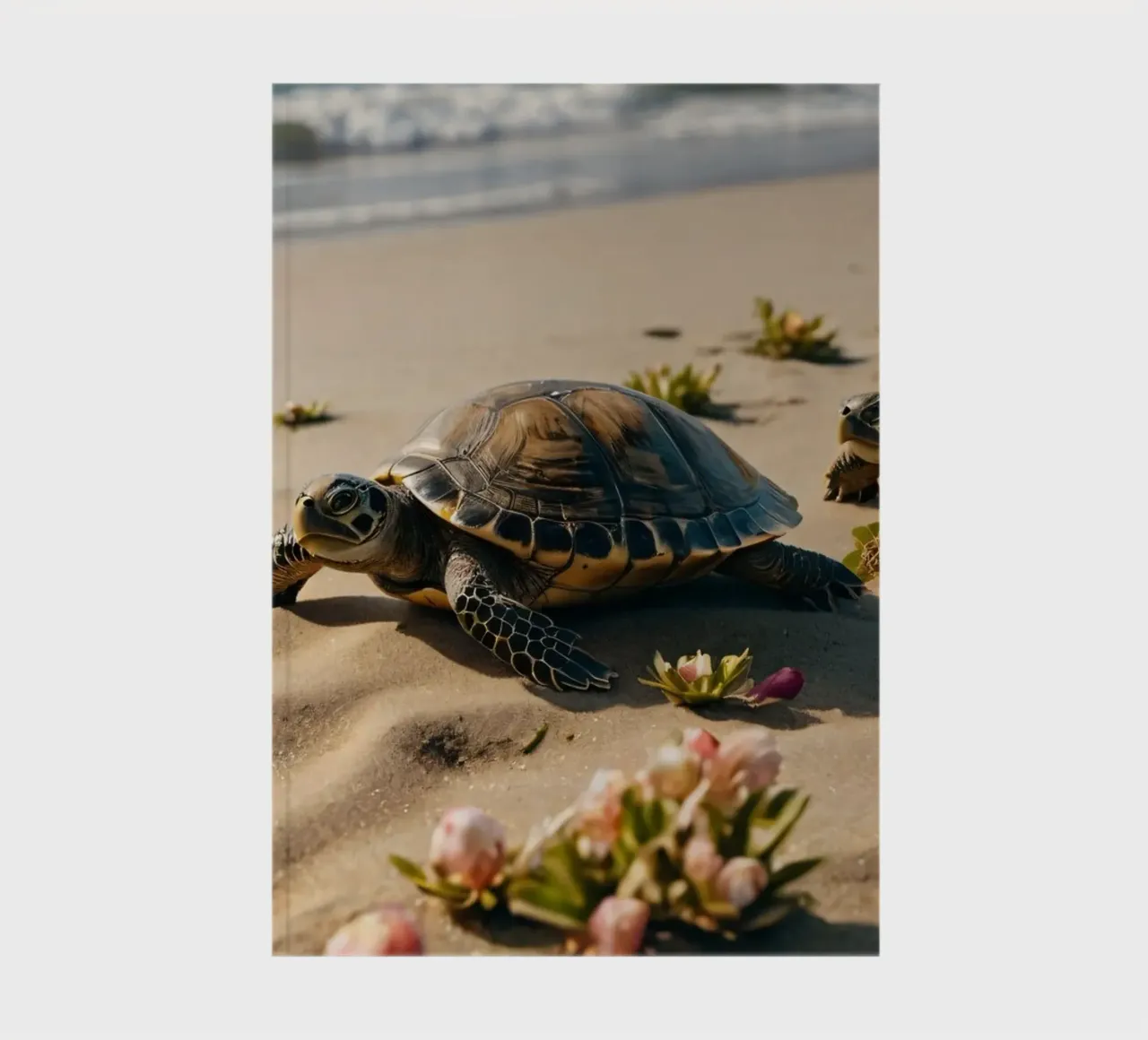 Turtles making their way to the ocean on a sunny beach notebook by DesignDoodle