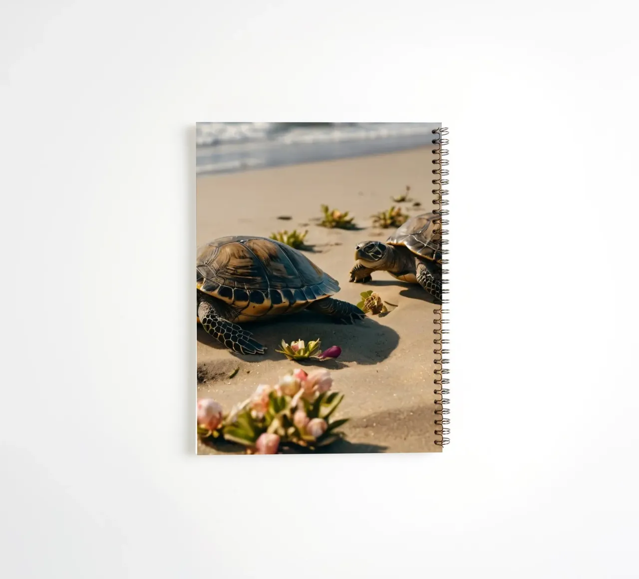 Turtles making their way to the ocean on a sunny beach spiral notebook by DesignDoodle