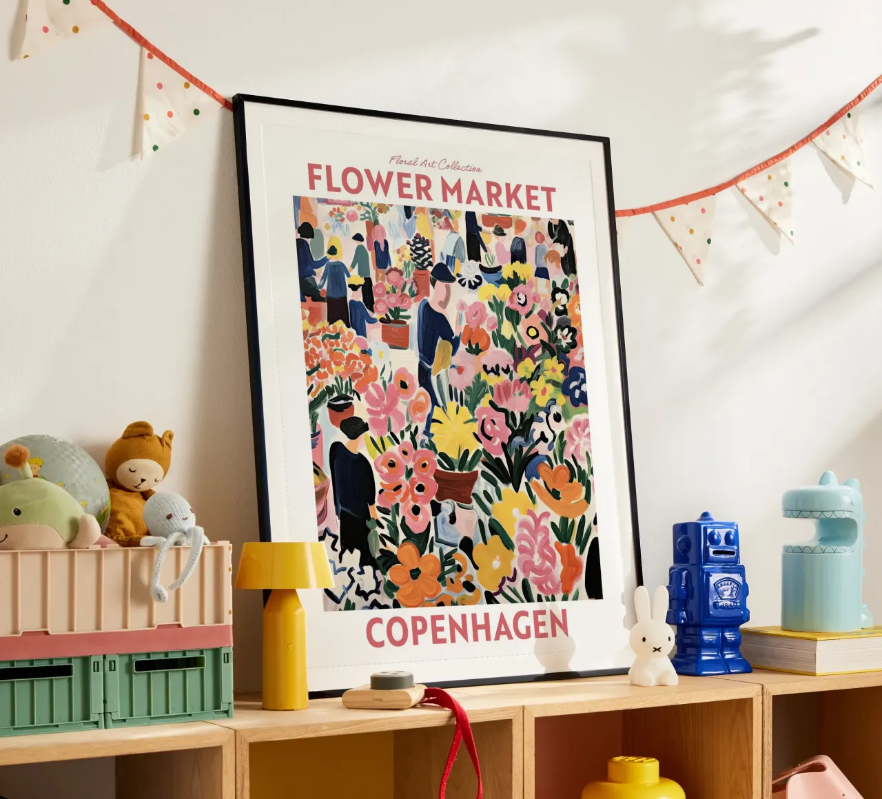 Mercato dei fiori, Copenaghen, Danimarca, Viaggio botanico poster con telaio in plastica da Peaches Art Prints