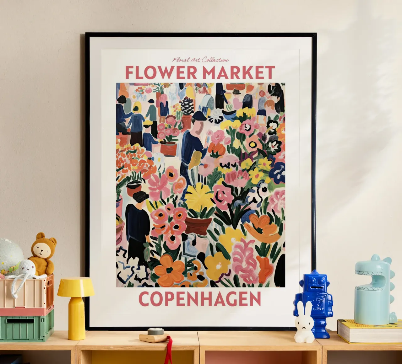 Mercato dei fiori, Copenaghen, Danimarca, Viaggio botanico poster con telaio in plastica da Peaches Art Prints