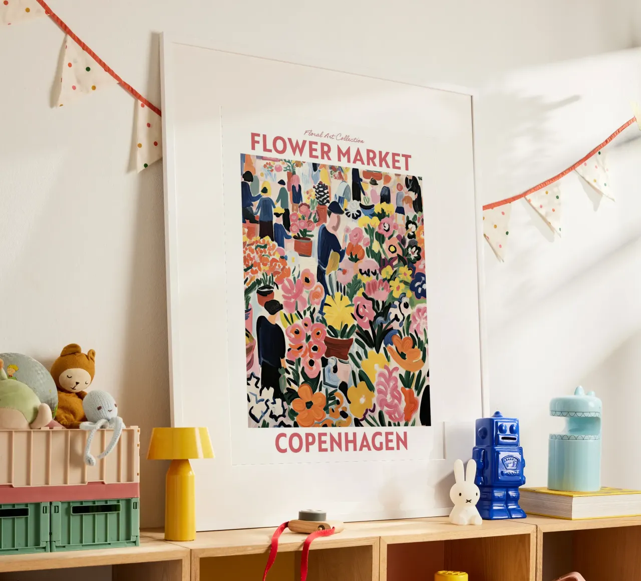Mercato dei fiori, Copenaghen, Danimarca, Viaggio botanico poster con telaio in plastica da Peaches Art Prints