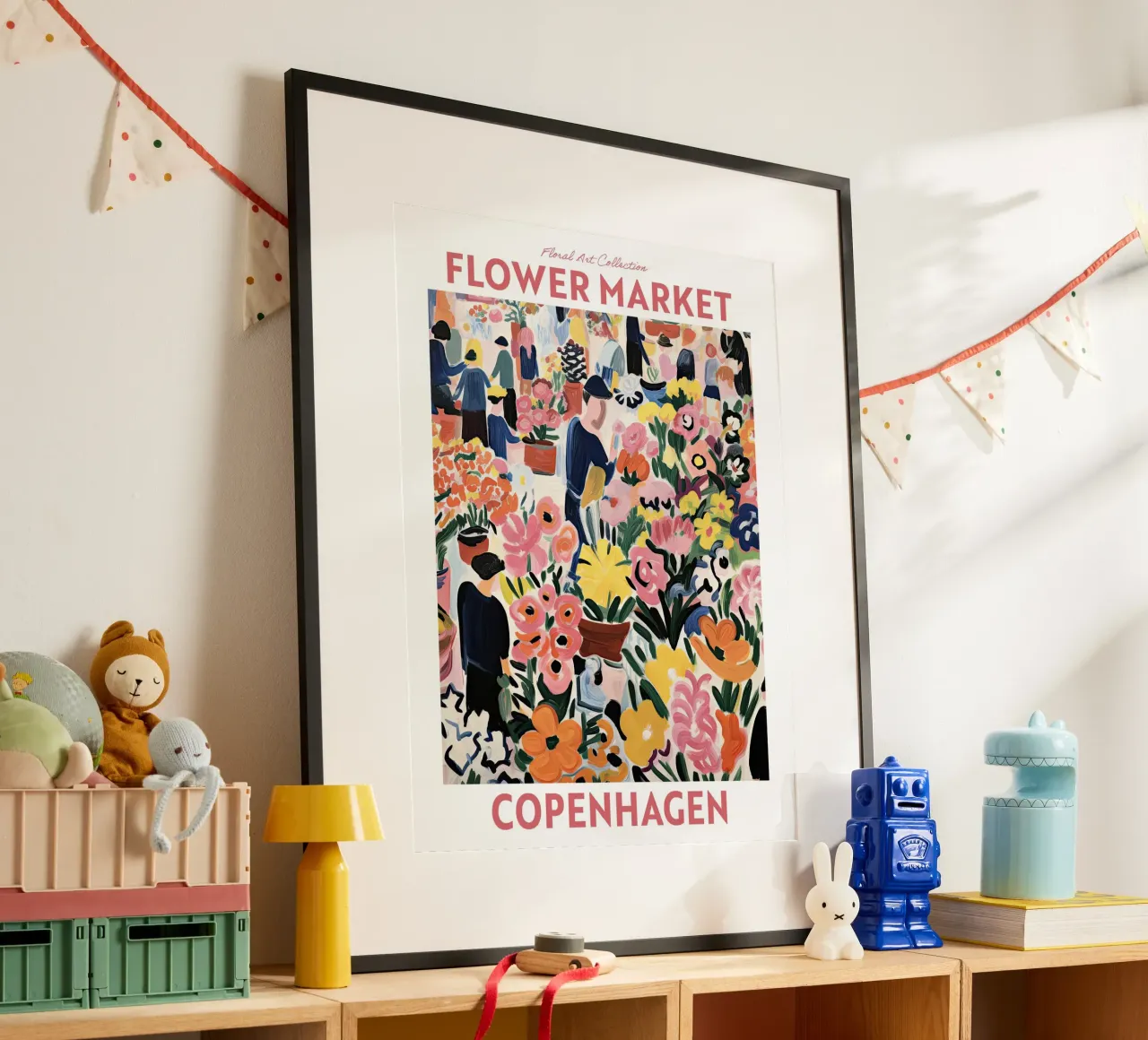 Mercato dei fiori, Copenaghen, Danimarca, Viaggio botanico poster con telaio in plastica da Peaches Art Prints