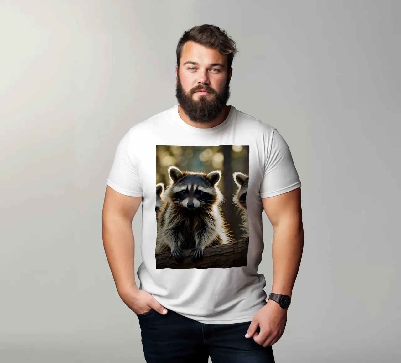 Tre procioni che si riposano sul ramo di un albero in una foresta t-shirt da DesignDoodle