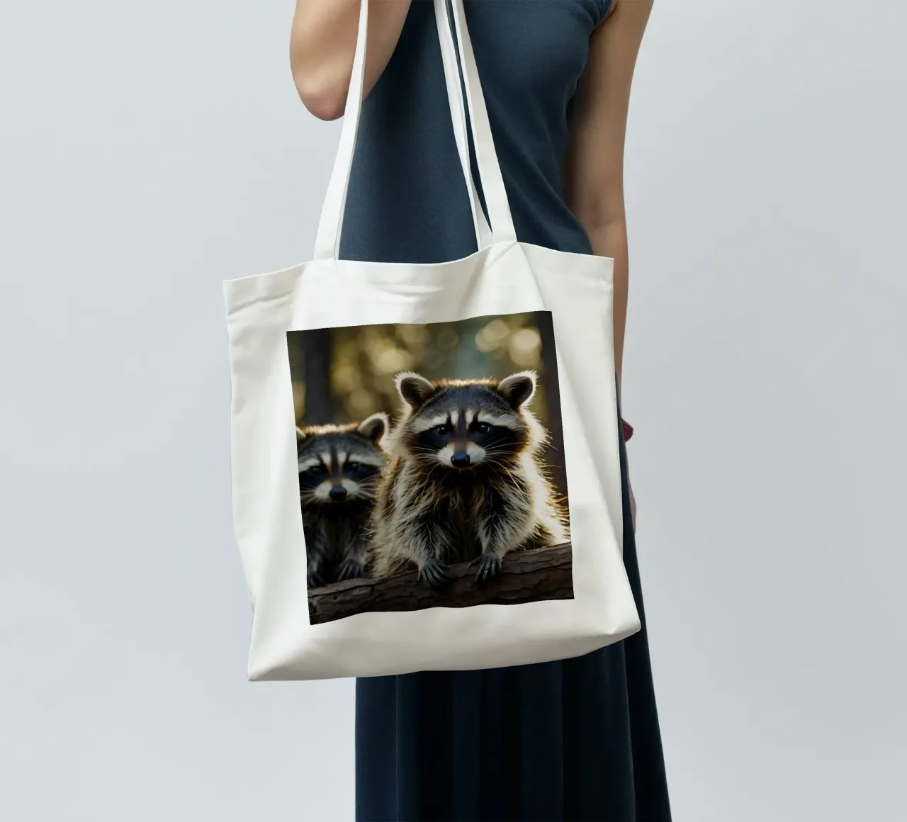 Tre procioni che si riposano sul ramo di un albero in una foresta borsa in juta da DesignDoodle
