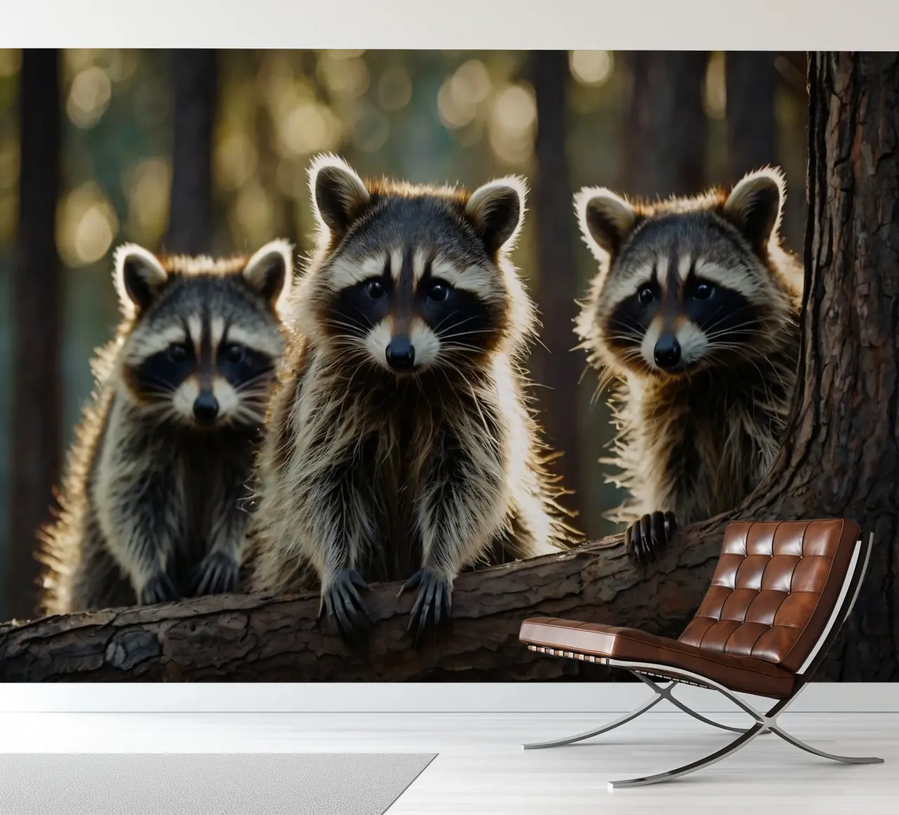 Three raccoons resting on a tree branch in a forest photo wallpaper by DesignDoodle