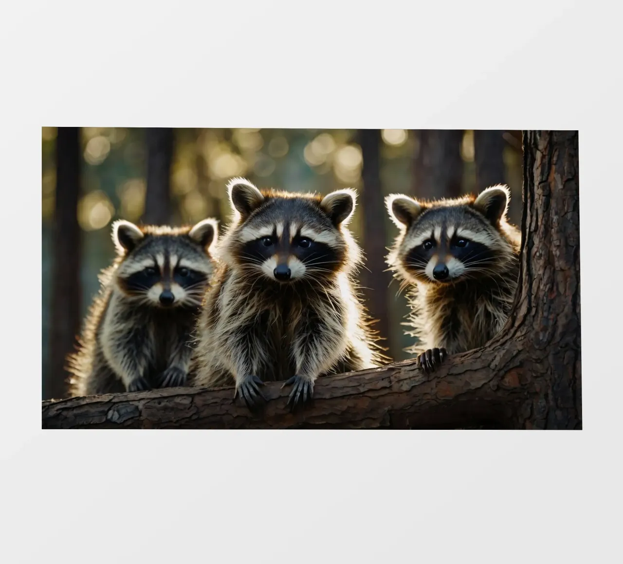 Three raccoons resting on a tree branch in a forest photo wallpaper by DesignDoodle