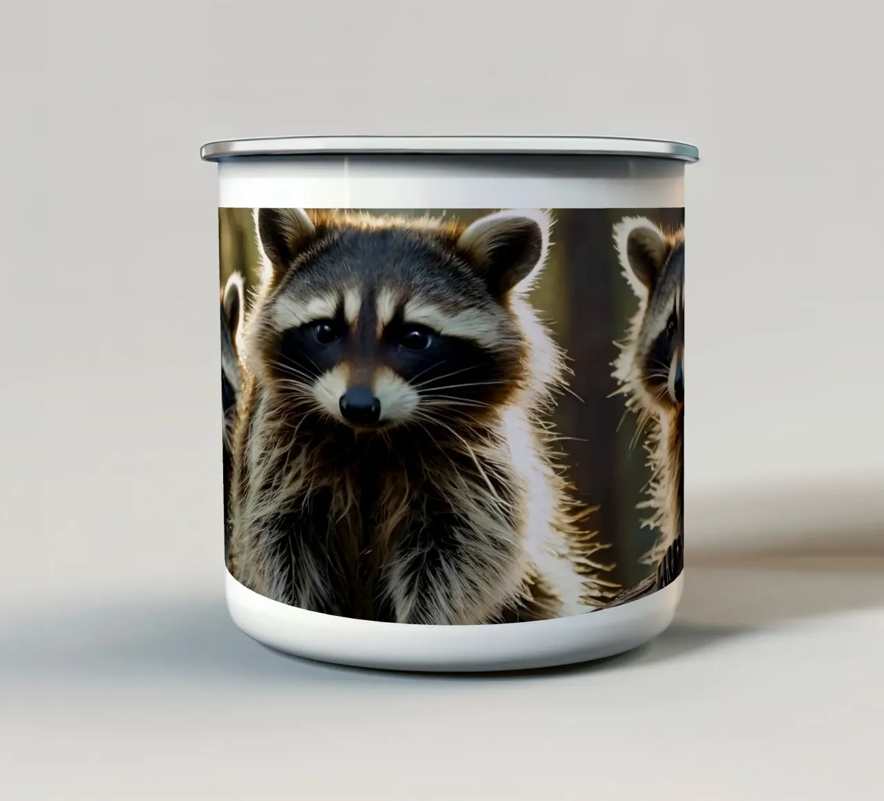 Tre procioni che si riposano sul ramo di un albero in una foresta tazza in smalto da DesignDoodle