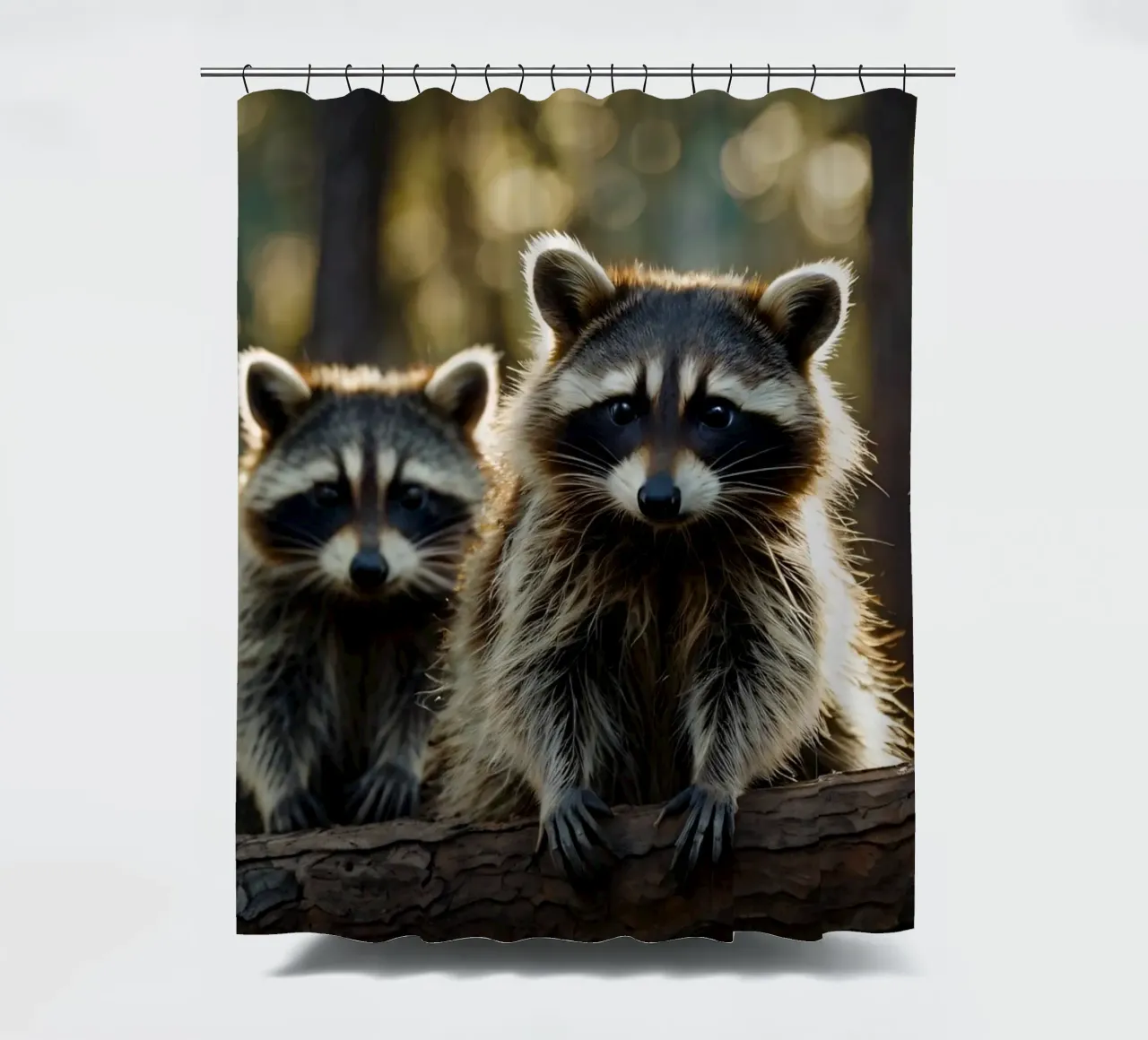 Three raccoons resting on a tree branch in a forest shower curtain by DesignDoodle