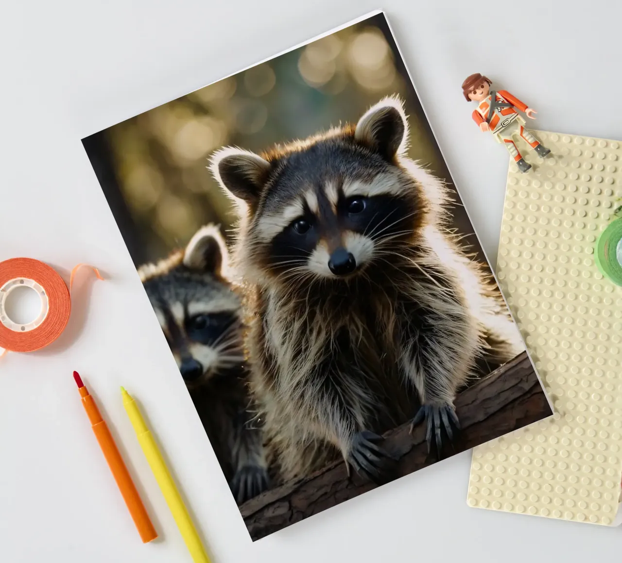 Three raccoons resting on a tree branch in a forest notebook by DesignDoodle