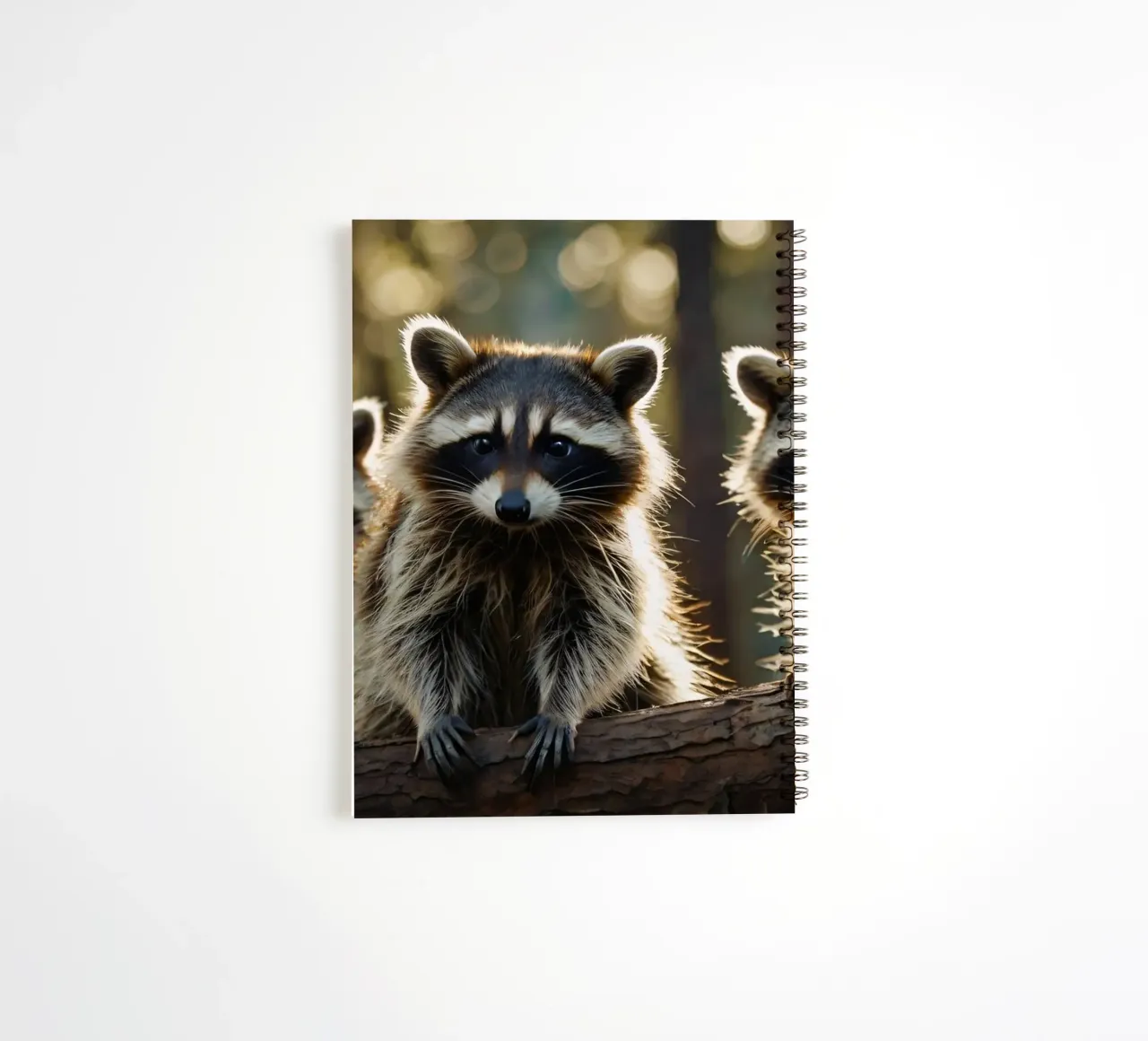 Three raccoons resting on a tree branch in a forest spiral notebook by DesignDoodle